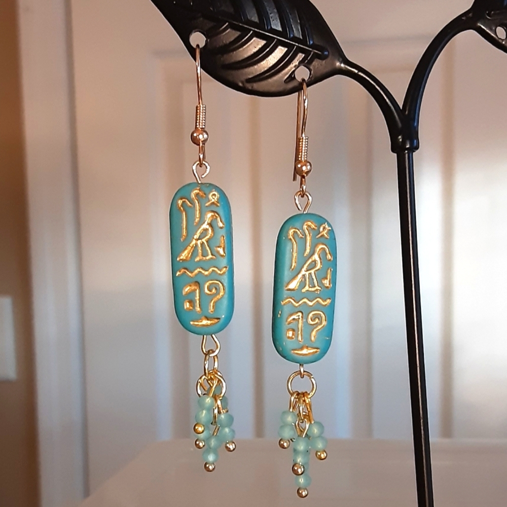 Hand Crafted Egyptain Cartouche Glass Handmade Earrings Teal Color